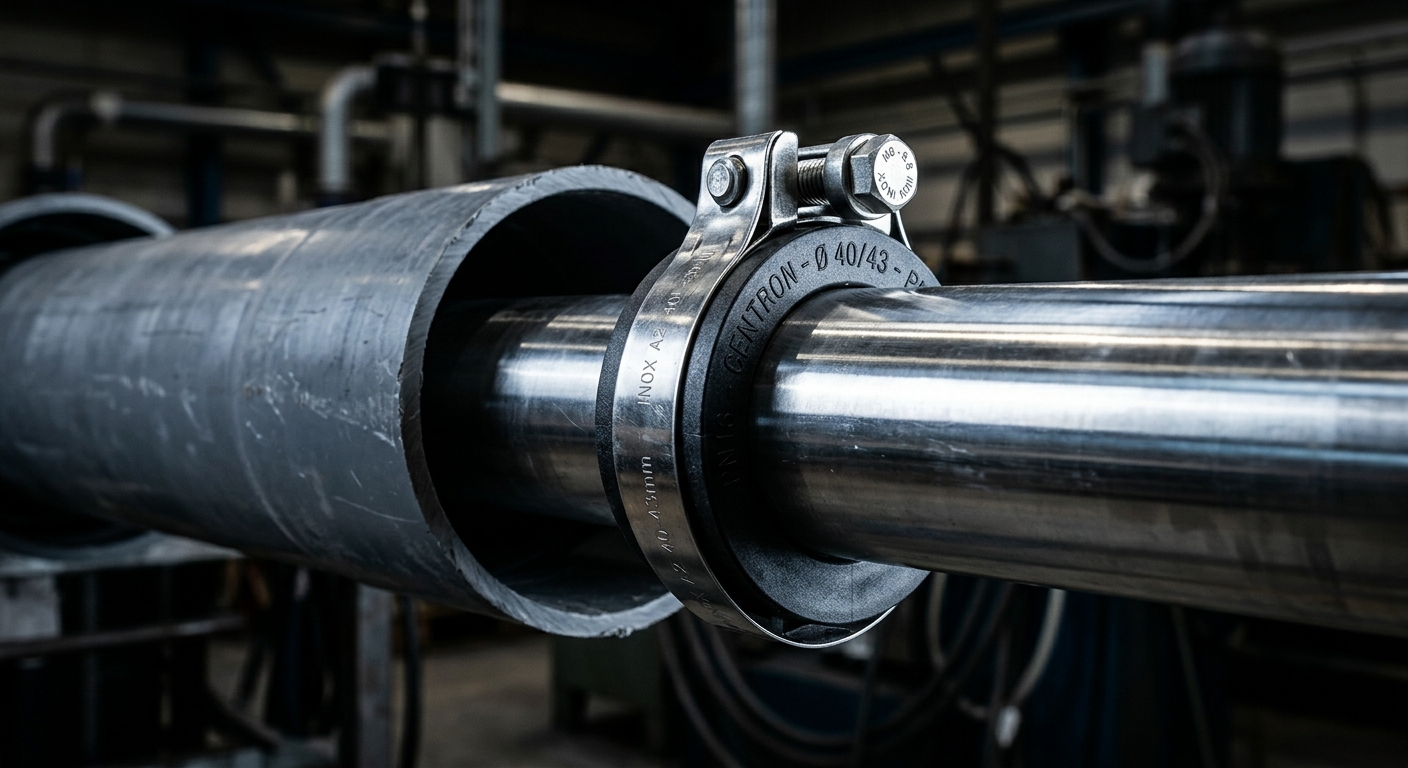 Collier de supportage installe sur canalisation sous pression